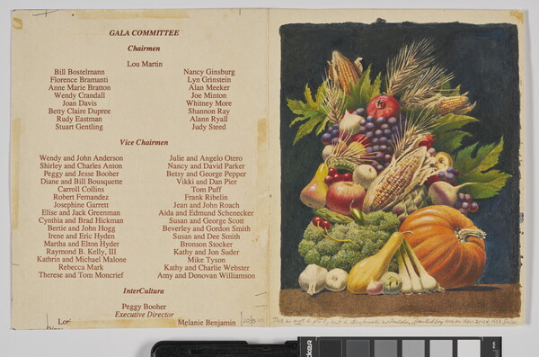 On the left, a listing of people involved in a gala; on the right, a watercolor painting of a man's head in profile made entirely of fruits and vegetables.