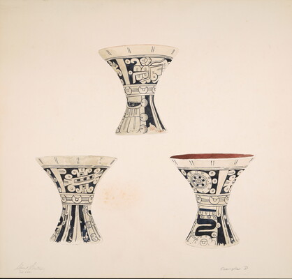 A detailed watercolor painting of three hourglass-shaped vessels covered in Aztec designs.