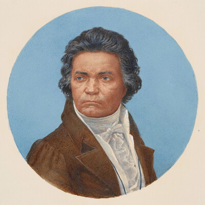 A circular watercolor portrait of a White man with wavy salt-and-pepper hair, head turned to look over his shoulder, wearing an 18th-century-style coat and ruffled white shirt.