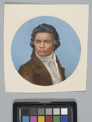 A circular watercolor portrait of a White man with wavy salt-and-pepper hair, head turned to look over his shoulder, wearing an 18th-century-style coat and ruffled white shirt.