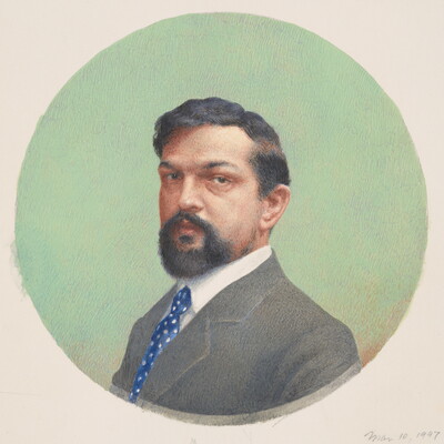 A circular watercolor portrait of a White man with dark wavy hair and a goatee, wearing a gray suit jacket over a white shirt with a blue polka-dot tie.