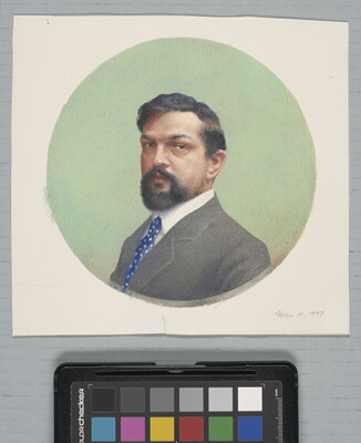 A circular watercolor portrait of a White man with dark wavy hair and a goatee, wearing a gray suit jacket over a white shirt with a blue polka-dot tie.