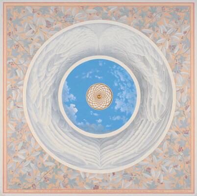 A watercolor of three concentric circles, the innermost a geometric design surrounded by sky, surrounded by white feathered wings, and then a floral pattern.