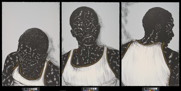 A triptych of a young Black man in various poses wearing a white tank top with gold accents.