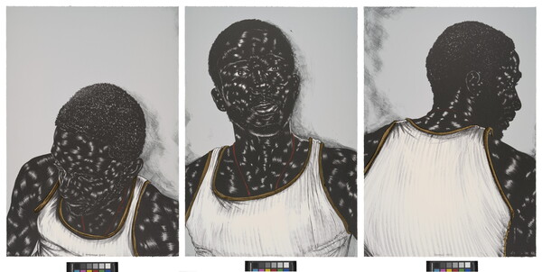 A triptych of a young Black man in various poses wearing a white tank top with gold accents.