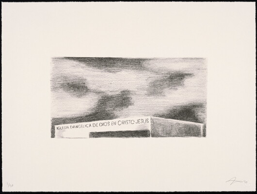 A black-and-white print of a building with "Iglesia Evangélica de Dios en Cristo Jesús" written across the top of the structure.