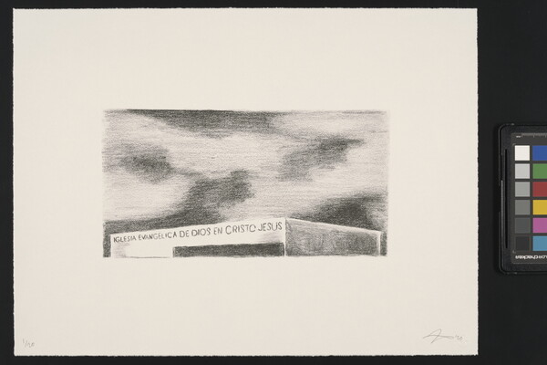 A black-and-white print of a building with "Iglesia Evangélica de Dios en Cristo Jesús" written across the top of the structure.