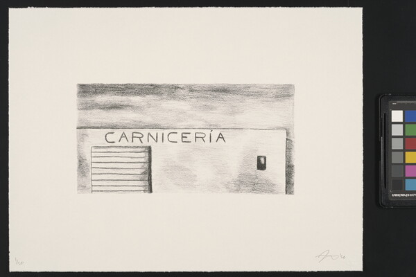 A black-and-white print of a warehouse-like with "Carnicería" written across the top of the structure.
