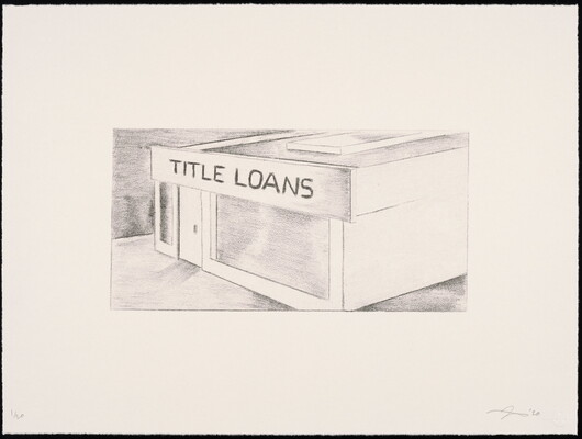 A black-and-white print of a building, viewed from above, with "Title Loans" written across the top of the structure.