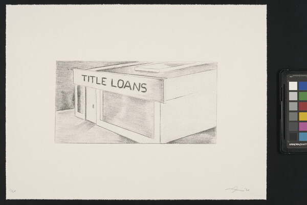 A black-and-white print of a building, viewed from above, with "Title Loans" written across the top of the structure.