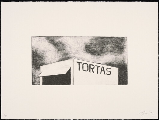 A black-and-white print of a building with "Tortas" written across the top of the structure.