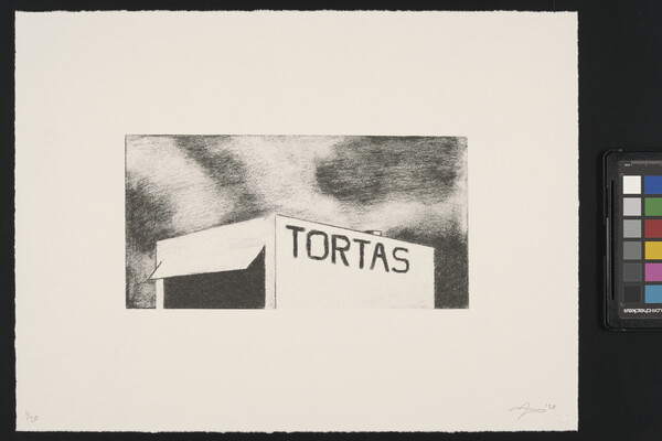 A black-and-white print of a building with "Tortas" written across the top of the structure.