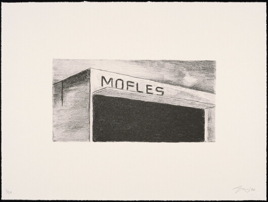 A black-and-white print of a garage-like building with "Mofles" written across the top of the structure.
