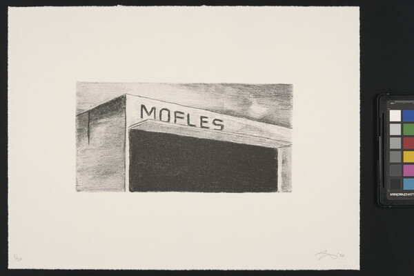 A black-and-white print of a garage-like building with "Mofles" written across the top of the structure.