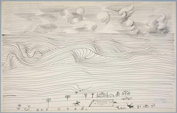 An line drawing of a landscape with swirly lines indicating clouds, curved lines suggesting the prairie, and a small ranch scene in the foreground.