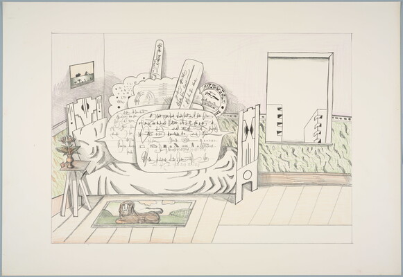 A color print of a bedroom with illegible thought bubbles stacked on the bed and window with a view of geometric buildings.