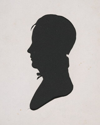A silhouette of a boy in profile, a cowlick on his forehead and the suggestion of a bow tie beneath his chin.