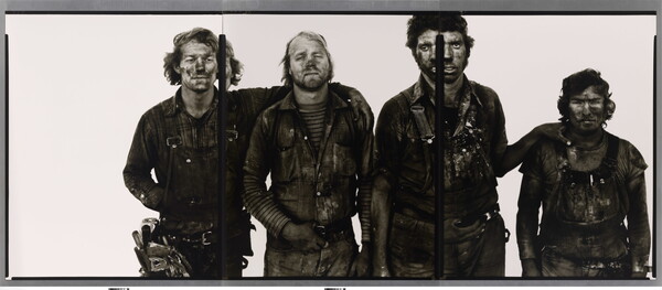 Three black-and-white photographs of four young men covered in dark coal dust leaning on one another.