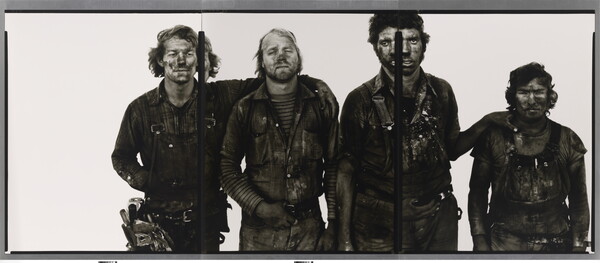 Three black-and-white photographs of four young men covered in dark coal dust leaning on one another.
