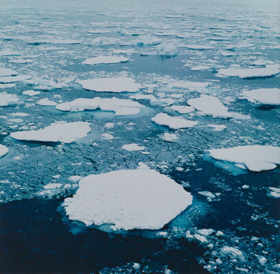 A color photograph of white ice floes in dark ocean water.