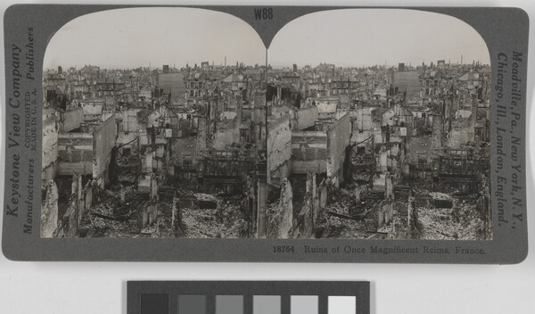 Two almost identical black-and-white photographs side by side of a city in ruins with debris covering the area.