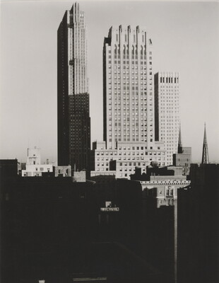 A black-and-white photograph of skyscrapers in New York City. 