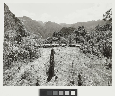A black-and-white photograph of a single column of stone standing on an overlook lined with stones at the edge; trees and mountains in the distance.