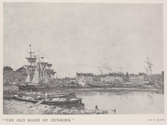 A black-and-white photograph of a print of ships with tall masts in a bay.