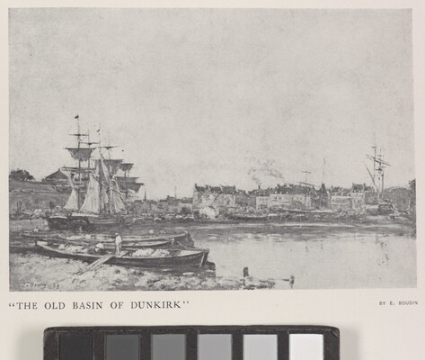A black-and-white photograph of a print of ships with tall masts in a bay.