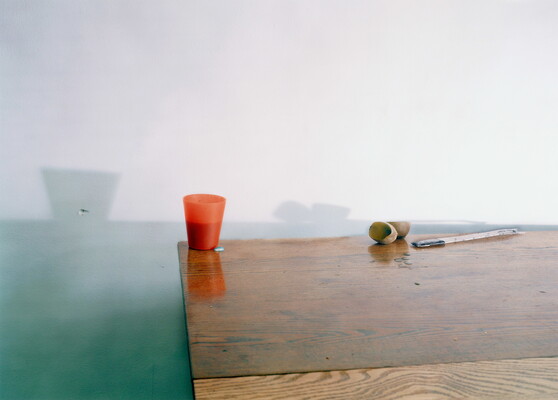 A color still life photograph of a plastic orange cup, a piece of fruit cut in half, and a flat piece of metal on a linoleum table casting shadows against a wall.