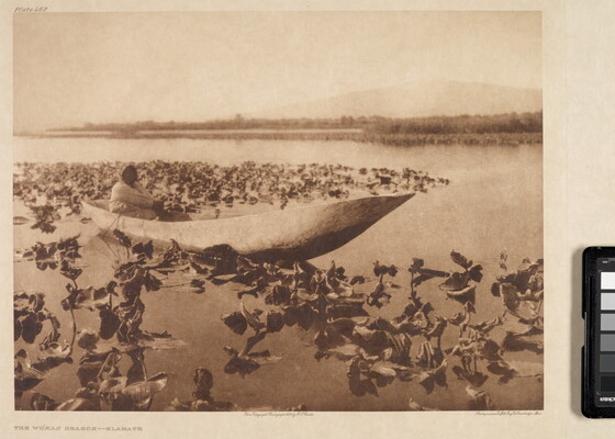 A sepia-toned photograph of an Indigenous person sitting in a canoe on water surrounded by vegetation.