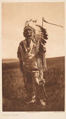 A sepia-toned photograph of an Indigenous man standing in a grassy field wearing a feathered headdress and ornately decorated traditional clothing.