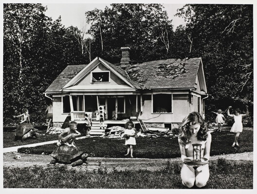 A black-and-white photograph of superimposed children playing on the lawn of an abandoned house.
