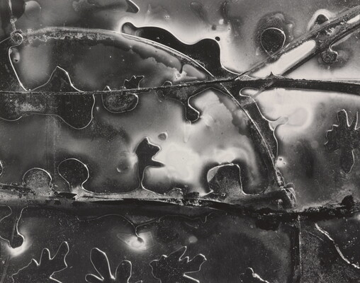 A black-and-white abstract photograph of glossy and transparent shapes and lines.