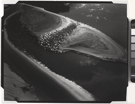A black-and-white abstract photograph of water washing up on a sandy beach.
