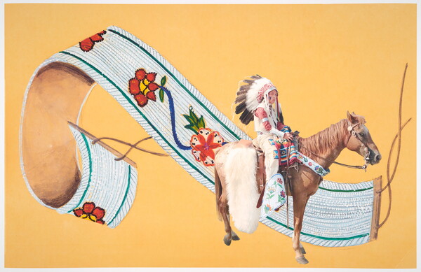 A color photograph of a Native American person wearing a full feathered headdress on a horse wearing a colorful beaded horse collar; in the background, a larger detailed drawing of the collar.