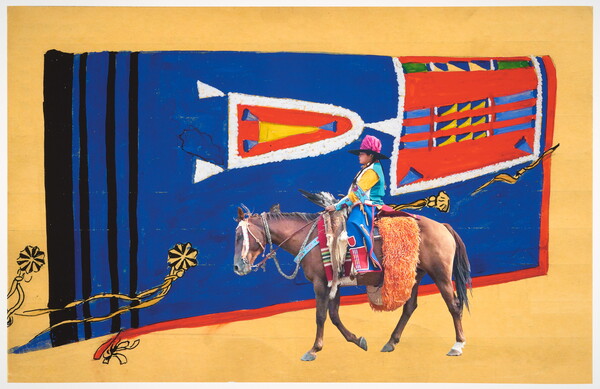 A color photograph of a Native American youth in traditional dress on horseback, overlaid onto a decorative, cultural garment against a yellow background.