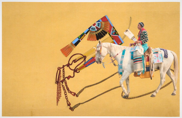 A color photograph of a Native American woman in traditional dress on horseback, overlaid onto a decorative cultural object against a yellow background.