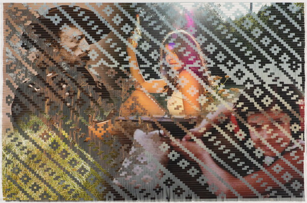 A color photograph collaged people in color and sepia that are abstracted because the photograph is made from strips of paper woven in a basket pattern.