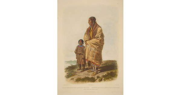 A color print of an Indigenous woman wrapped in a decorated blanket accompanied by a young Indigenous girl wearing a tunic.