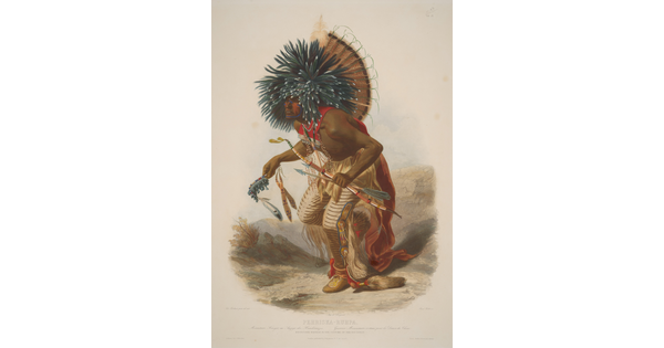 A color print of an Indigenous man wearing a heavily feathered headdress that falls over his painted face, a cape and beaded leggings; he is crouched as if dancing and holds a bow and arrow in one hand.