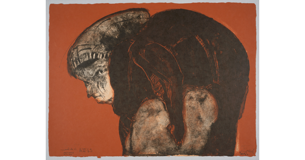 An abstract black-and-white print of a figure holding an animal on its shoulder on a red background.