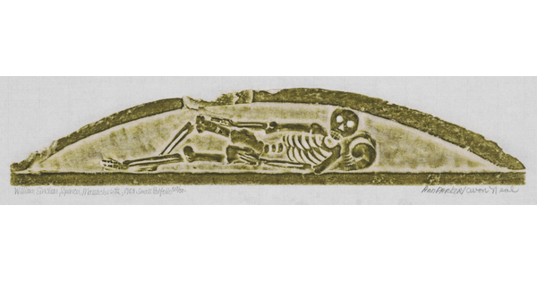 A stone rubbing on paper of a reclining skeleton in a half oval shape.<br />