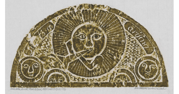 A monochromatic print of a tomb rubbing of a sun with a face surrounded by rays, blowing a horn, four other circular faces below.<br />