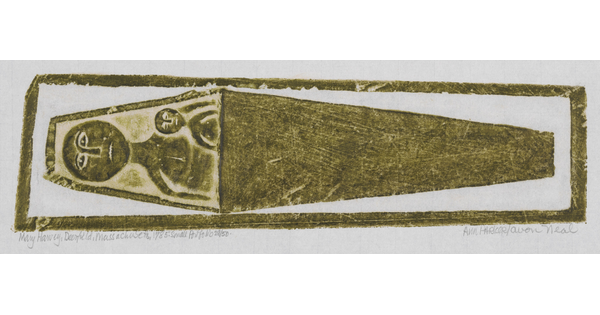 A monochromatic print of a tomb rubbing of two stylized figures, one large, one small, in a coffin as viewed from above.<br />