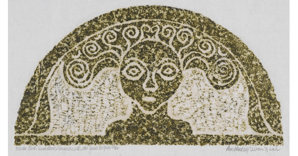 A monochromatic print of a tomb rubbing of a stylized face with swirls emerging from their head, all within a semi-circle.<br />