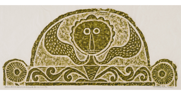 A monochromatic print of a tomb rubbing of a stylized face that almost looks as it if were emerging like a flower from a plant.