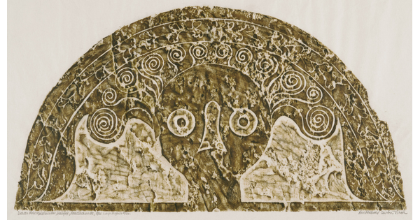 A monochromatic print of a tomb rubbing of a stylized face with swirls emerging from their head, all within a semi-circle.