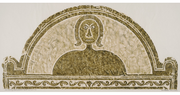 A monochromatic print of a tomb rubbing of a stylized figure with an enlarged chest and shoulders within a semi-circle.