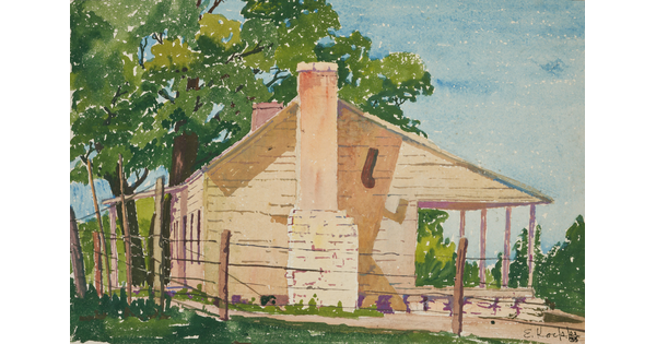 A watercolor of the side of a clapboard house and porch shaded by large trees.